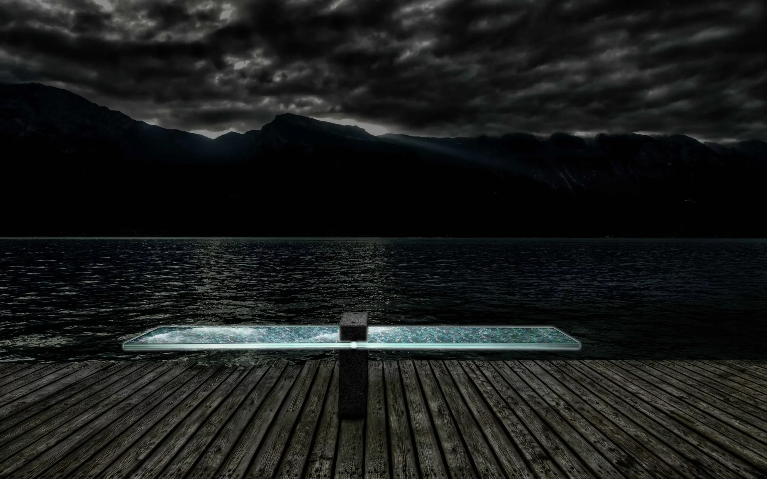 a bench of mother of pearls on a dock overlooking a body of water